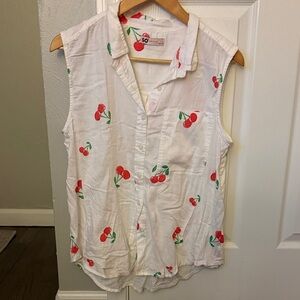 SO Sleeveless Cherry Print Button Down Shirt